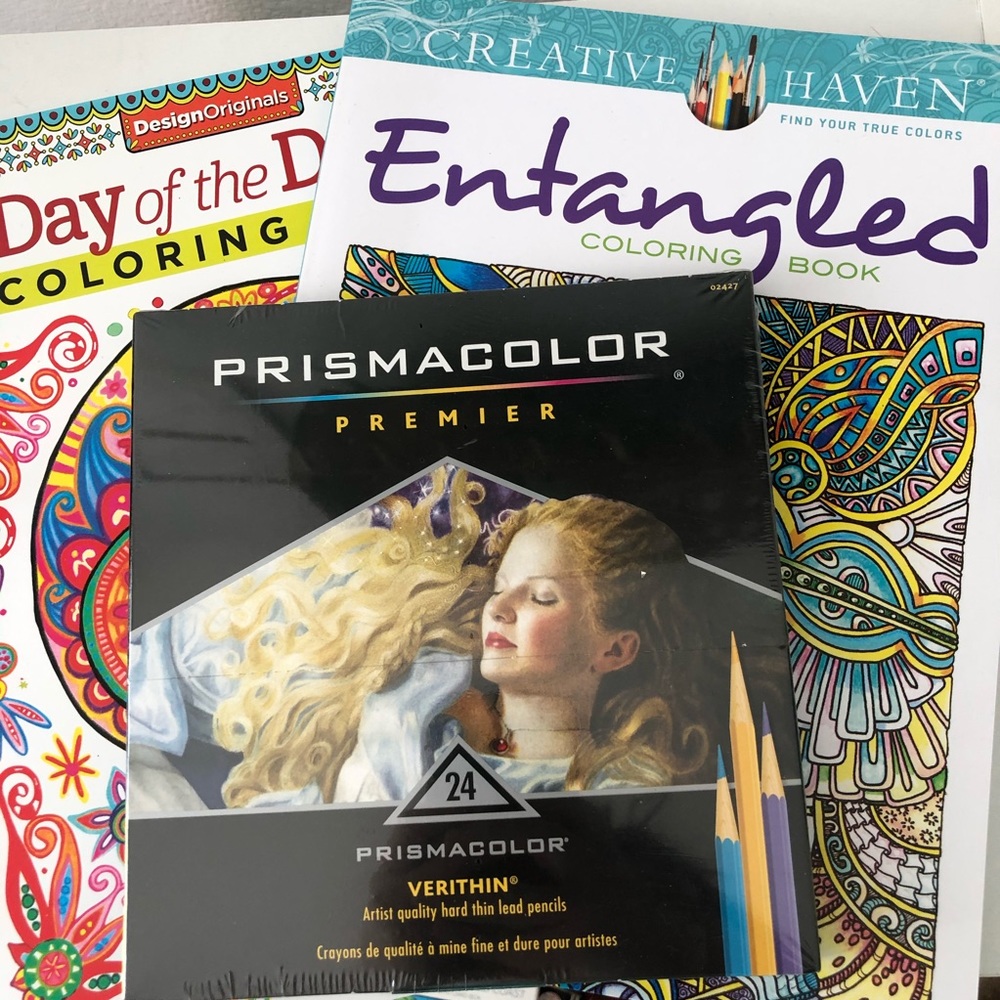 New. Bundle adult coloring books colored pencils